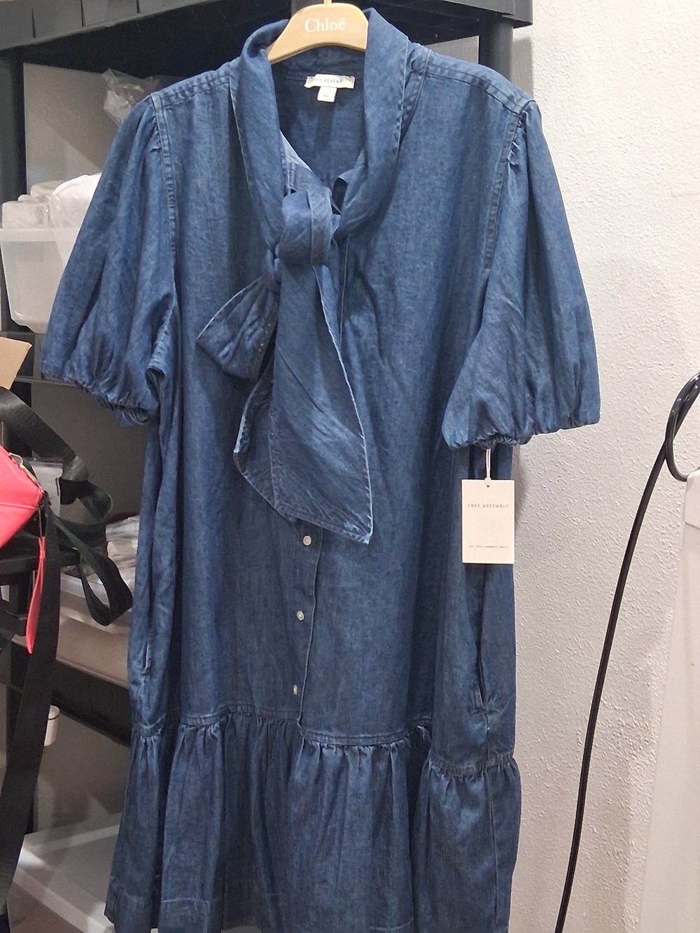Women's Blue Denim Tie-Neck Casual Dress - Picture 2 of 8